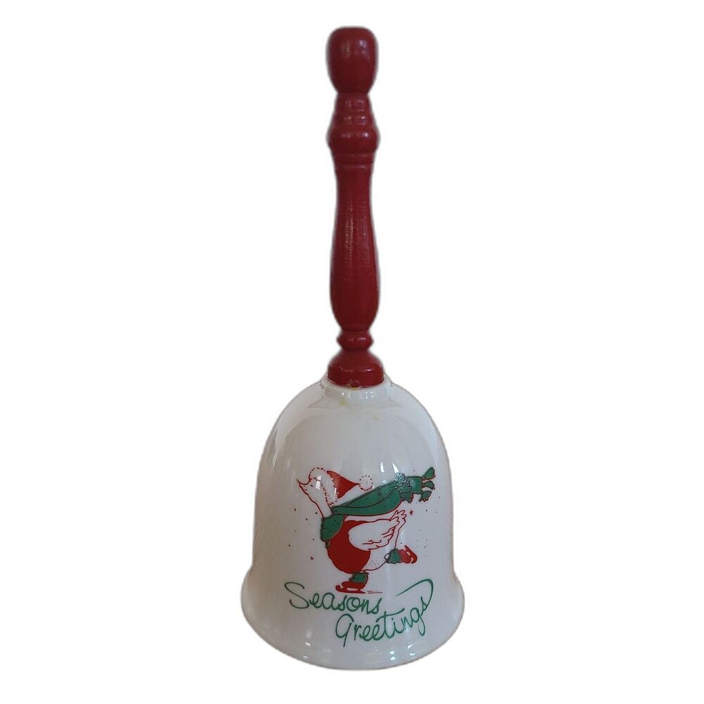Vintage Giftco Christmas Porcelain "Seasons Greetings" Dinner Bell Skating Goose